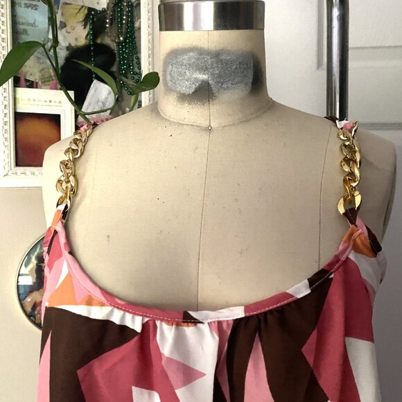Iky & Me PINK Geometric Curb Chain gold Straps Loose Bodice Tank Camisole *SM* - Picture 2 of 5